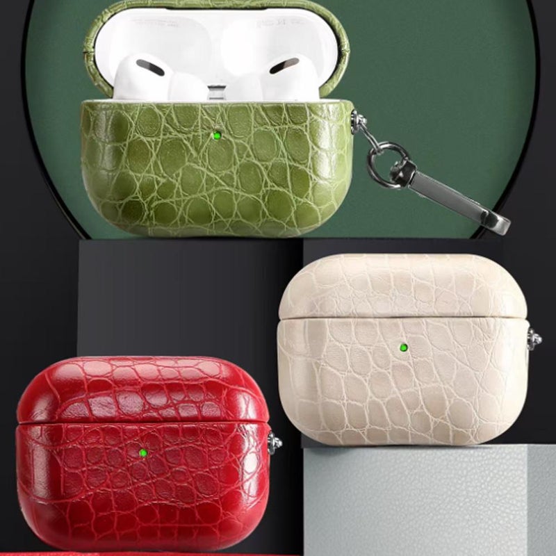 Handmade Leather Case -for Airpods pro3 Pu Case Cover,Crocodile/alligator Skin Lizard Skin Luxury Texture,Drop Protection Soft Shell Cover With Keychain,for Airpods pro3rd Generation Earbuds (White) - Image 3